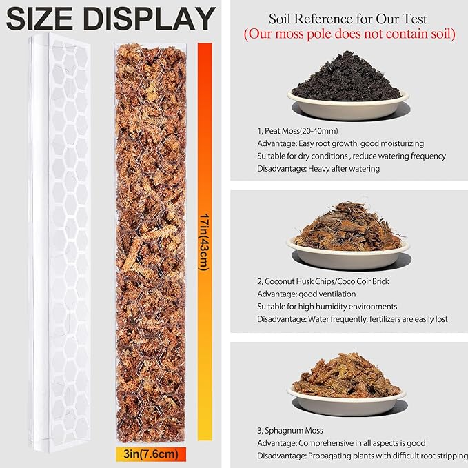 D Shape Sphagnum Moss Pole for Climbing Plants - 6 Pcs 17 Inch Plastic Stackable Plant Support, Designed for Monstera & Indoor Plants with Enhanced Stability