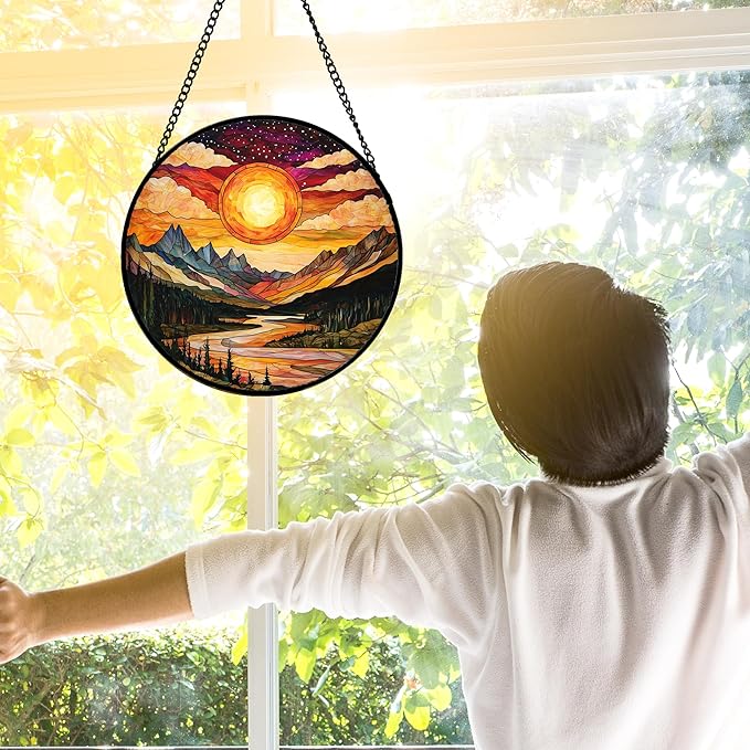 Stained Glass Window Hanging, Dusk Sunset Landscape Sun Catchers Glass Panel Lakes and Mountains Suncatcher Decor for Birthday for Women, Men, Wife, Aunt, and Mom 7.8 in