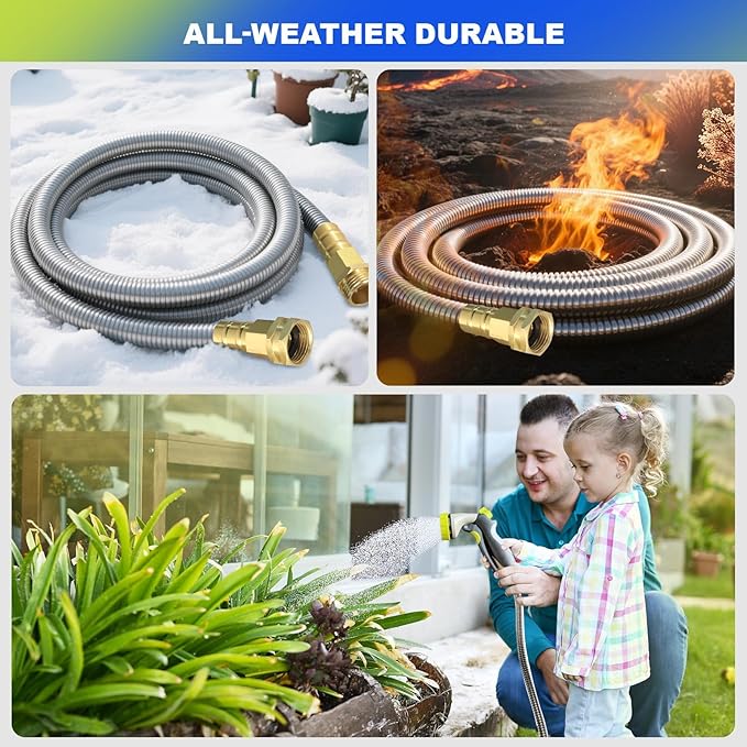 Metal Garden Hose 25 ft – 304 Stainless Steel Water Hose with Nozzle Sprayer, Garden Hoses Flexible, Lightweight, No Kink, Heavy Duty for Outdoor (25 ft)