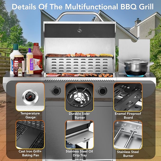 G41 Pro Gas Grill,Heavy-Duty Stainless Steel BBQ Grill,4 Burner Gas Grill with Side Burner,42000 BTU Propane Grill for Outdoor Cooking,Barbecue,Garden and Patio Backyard