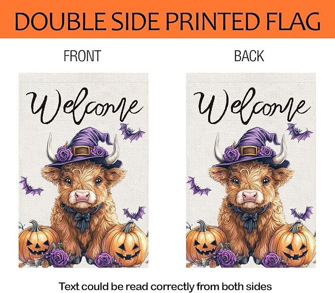 Halloween Highland Cow Garden Flags 12x18 Vertical Double Sided, Welcome Halloween Yard Flag for Outside, Holiday Seasonal Outdoor Decorations for Home