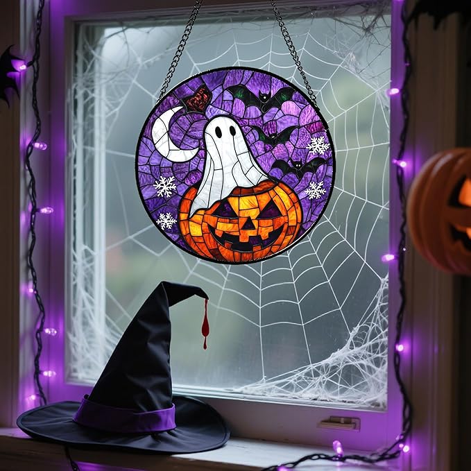 Stained Glass Window Hanging Halloween Horror Pumpkin 6.3" - Suncatcher Door Garden Sunroom Gothic Style Ghost Bat Sun Catcher Birthday for Friend Mom Men Woman Nana