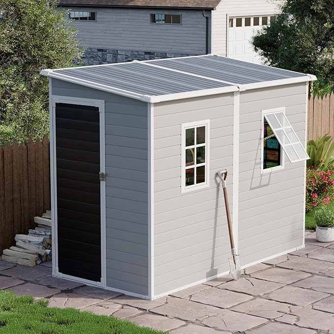 Restland 8x4 FT Resin Storage Shed with Floor & Adjustable Window Outdoor Weather-Resistant Plastic Sheds for Backyard, Garden, Lawn (Light Grey)