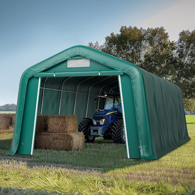 GREEN PARTY 11' x 24' Heavy Duty Carport, Portable Storage Shelter Shed Outdoor Carport with Roll-up Zipper Door & Vents, Storage Car Canopy Car Tent Garage for SUV, Truck and Boat, 200g PE Cover