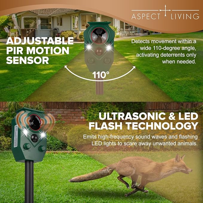 2 Pack Solar Ultrasonic Animal Repeller Outdoor – Motion Sensor Activated Deer Repellent with Flashing Lights & Sound, IP65 Waterproof, Deterrent for Cats, Dogs, Raccoons, Skunks, Birds