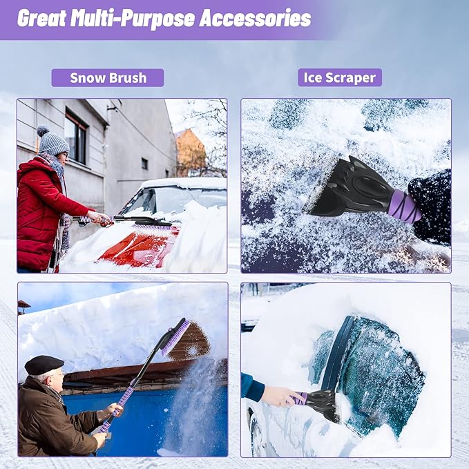 44" Ice Scraper and Snow Brush for Car Windshield with Extendable, 360° Pivoting, Soft Bristle Head, Foam Grip, for Car, Truck, SUV Window Tool (Purple)