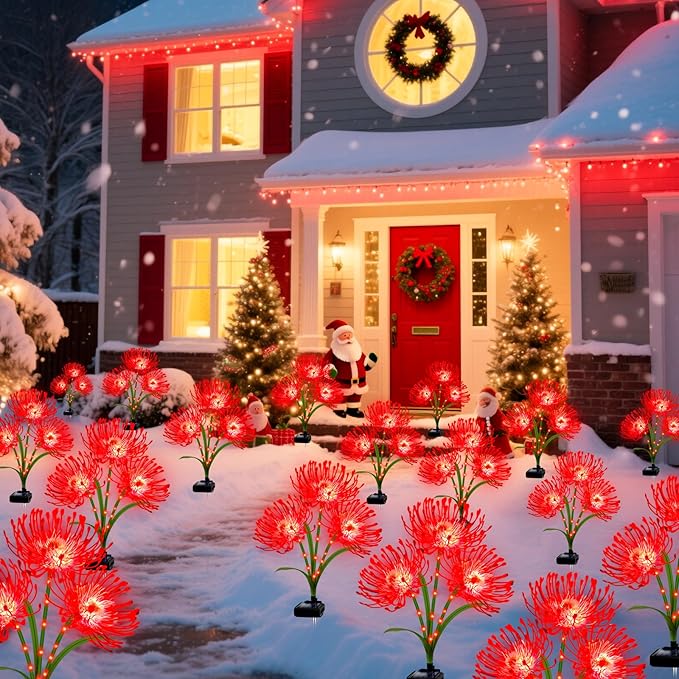 Solar Christmas Outdoor Lights Red Spider Lily – 8 Pack 24-Head Waterproof Garden Flower with Glowing Stems,Decorative Solar Powered Yard,Patio & Lawn Decor,Holiday & Gardening Gifts for Women Grandma