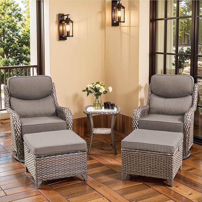 Luxury Outdoor Furniture Set with Swivel Chairs, High Back Swivel Patio Chairs with Ottoman, Side Table & 6-Inch Thick Cushions, Wicker Patio Furniture Set for Porch, Yard, Deck, Poolside, Brown/Grey