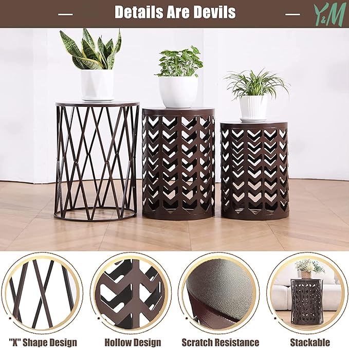 Y&M Nesting Side Table, Set of 3 Stacking Coffee Table for Living Room, Indoor End Tables, Outdoor Garden Stool with Heavy Duty Modern Industrial Decor - Pure Brown (Ship from US)