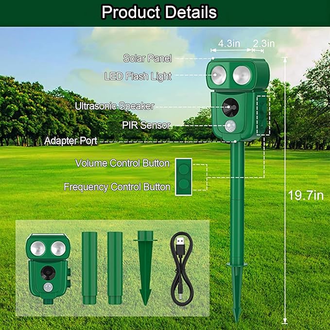 Solar Ultrasonic Animal Repeller, Outdoor Cat Deterrent with Motion Sensor, Waterproof Fox Repellent, Humane Pest Control for Dogs, Rats, Birds (1 Count (Pack of 1))