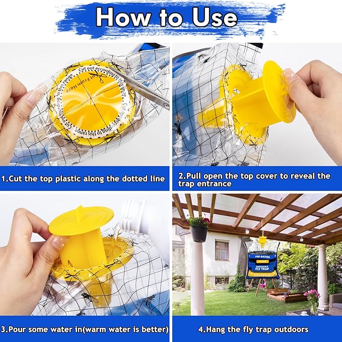 4 Fly Traps Hanging Outdoor, Natural Pre-Baited Fly Bag Outdoor Disposable, Fly Catcher, Killer, Hunter, Stable, Farm, Barn, Ranch, Fly Trap for Mosquitoes