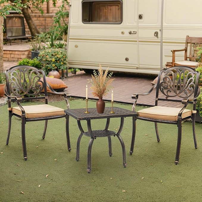 Outvita Patio Side Table, 21.3in Outdoor Square Cast Aluminum Bistro Table and Antique Design for Backyard Porch Pool Balcony Deck White