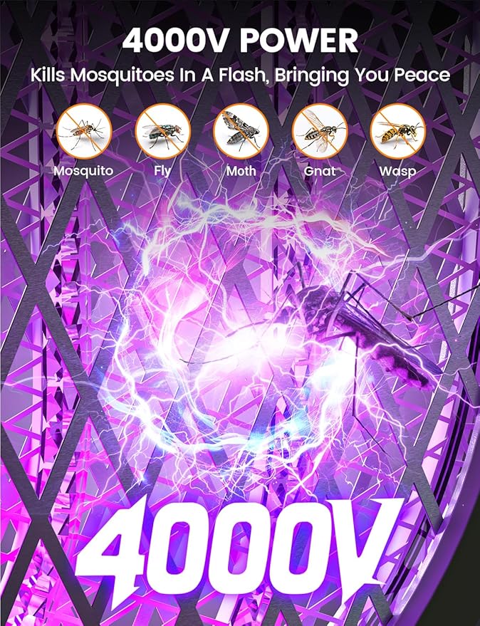 Electric Fly Swatter Foldable Bug Zapper Racket with 4000V 1800mAh Rechargeable Battery 5-Layer Safety Mesh Dual Modes with Mosquito Light Suitable for Indoor or Outdoor Use (White)