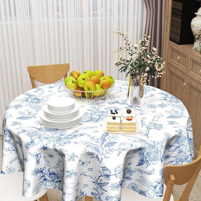 Giwawa Chinoiserie Floral Round Tablecloth 60 Inch,Traditional Blue White Birds Flowers Reusable Washable Polyester Table Cloth Cover for Holiday Picnic Dinner Table Decor