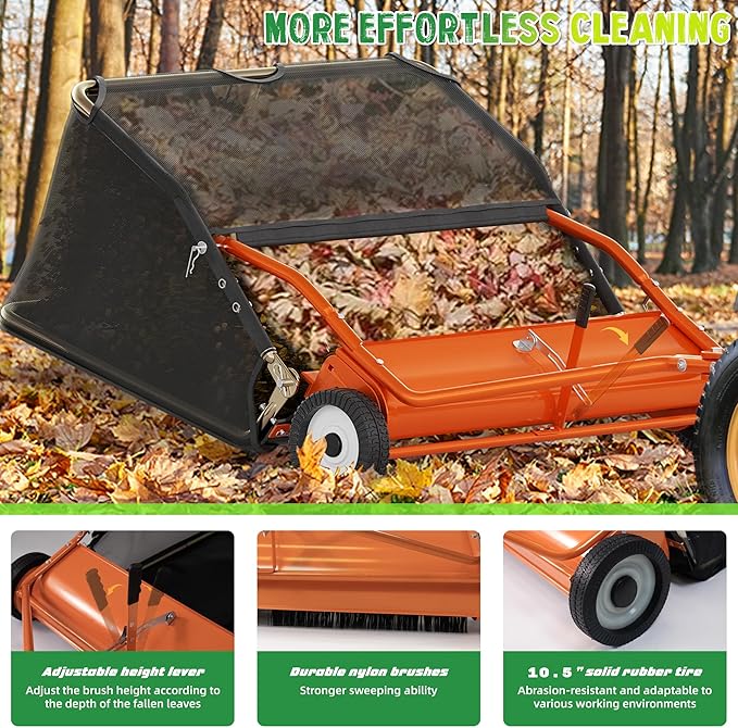 42" Lawn Sweeper Tow Behind, Grass Sweeper Tow Behind with 18.55 cu. ft Large Hopper, Heavy Duty Leaf & Grass Collector, Adjustable Brush Height Lever and Dumping Rope, Lawn and Yard Cleanup Tool