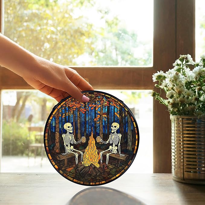 TNUW Halloween Fall Skeleton Stained Glass Window Hanging, Gothic Skeleton Autumn SunCatchers Indoor Window Glass Round Wall Art Decor, Halloween Fall Wall Hanging Decorations, 7.9＂x7.9＂
