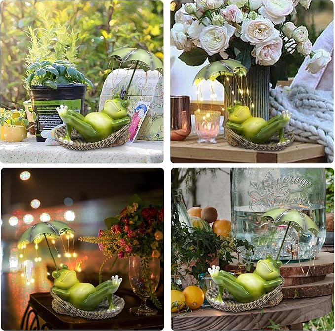 Solar Frog Garden Decor Outdoor Statue - Frogs Umbrella LED Waterproof Sculptures Lights, Cute Frog Pond/Yard Statues Outside Decoration, Home, Lawn, Patio, Resin Animal Ornament, Women/Gardening Gift