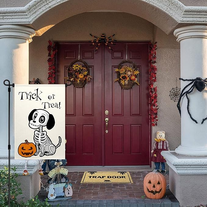 ChloropLastid Halloween Trick or Treat Garden Flag Ghost Dog 12x18 Inch Double Sided Skeleton Pumpkin Welcome Burlap Yard Flag Outside Decorations
