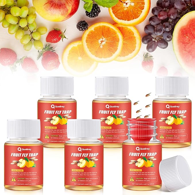 Qualirey 6 Pack Fruit Fly Traps for Indoors, Fruit Fly Killer and Catcher, Trap Refill Liquid for Home & Kitchen, Non Toxic Safe Near Food, Effective Lure Refill for Indoor Use