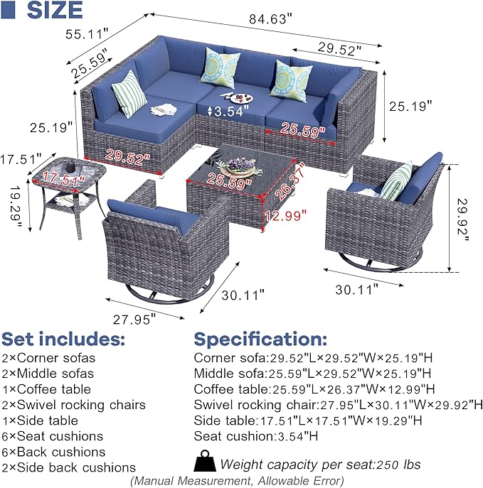 HOOOWOOO 8 Piece Patio Sectional Furniture Set with Swivel Rocking Chairs,Modern Wicker Outdoor Conversation Sofa Sets,Weather Resistant Modular L Shaped Outside Couch Set(Denime Blue)