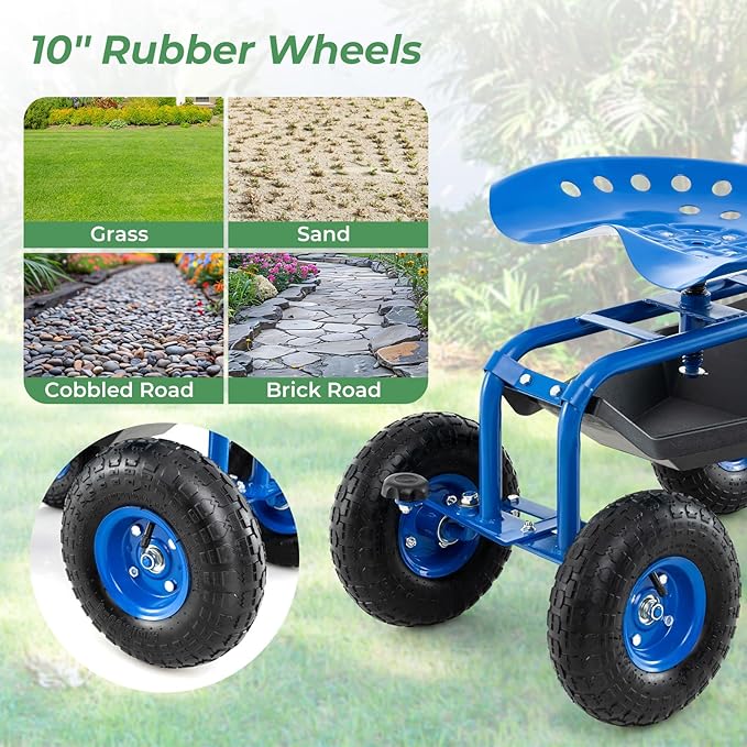 S AFSTAR Rolling Garden Cart, Wagon Scooter with 360° Swivel Seat, Storage Tray, Basket & Rubber Wheels, Heavy-Duty Gardening Tool Cart for Weeding, Patio & Yard (Blue)