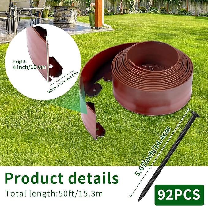 4 in x 50 Ft Garden Landscape Edging, No Dig Garden Edging Border Kit with 92 Pcs Spikes for Flower Bed Lawn Yard Grass Brown
