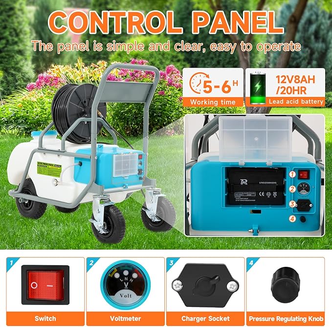 24 Gallon Battery Powered Sprayer,90 PSI Electric Pump,6 Hours Long Battery Life,12V 8Ah Battery,Adjustable HD Wand and 10 Nozzles,Portable Sprayer with Wheels for Lawn & Garden Spraying, Cleaning