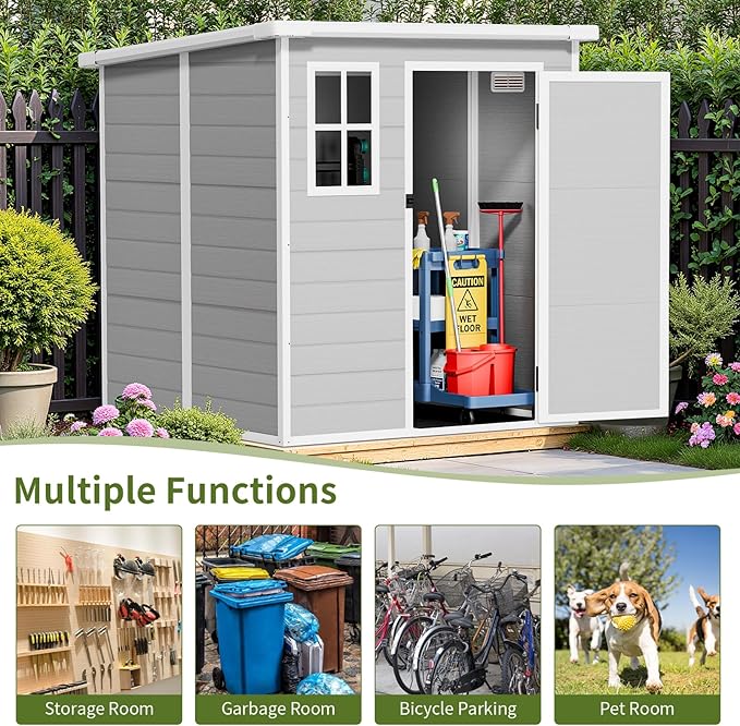 6x6 FT Grey Resin Garden Storage Shed - Waterproof Outdoor Storage with Floor, Lockable Door, Window & Vents - All-Weather PP Plastic Shed for Backyard, Patio, Bikes, Tools & Seasonal Gear