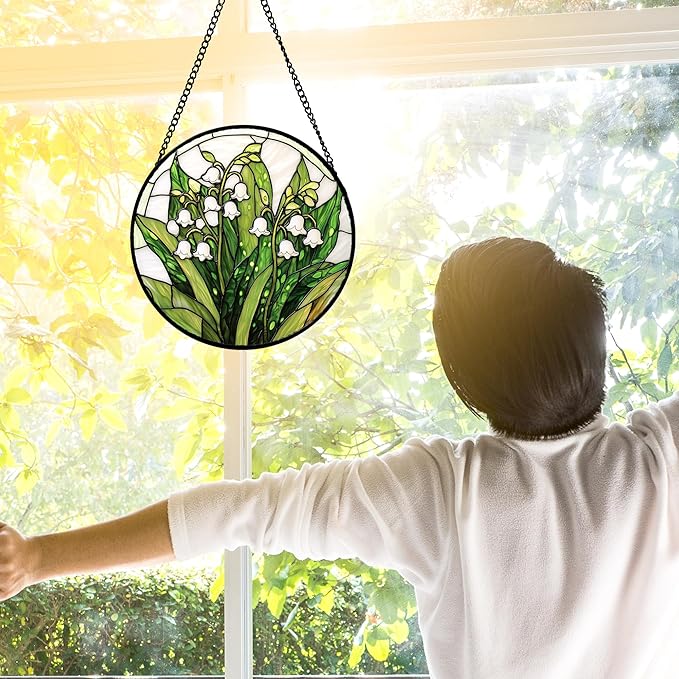 Stained Glass Window Hanging, Lily of The Valley Flower Sun Catchers Colorful Glass Panel Green Plants Suncatcher Decor for Birthday for Women,Men,Wife, Lovers, and Mom 6.3 in