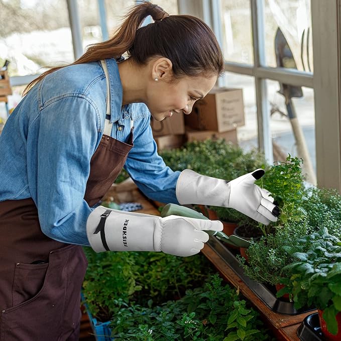 Garden Gloves Women/Men Thorn Proof, Deerskin Suede, 2 Layers Leather Rose Pruning Long Gardening Gloves for Cactus