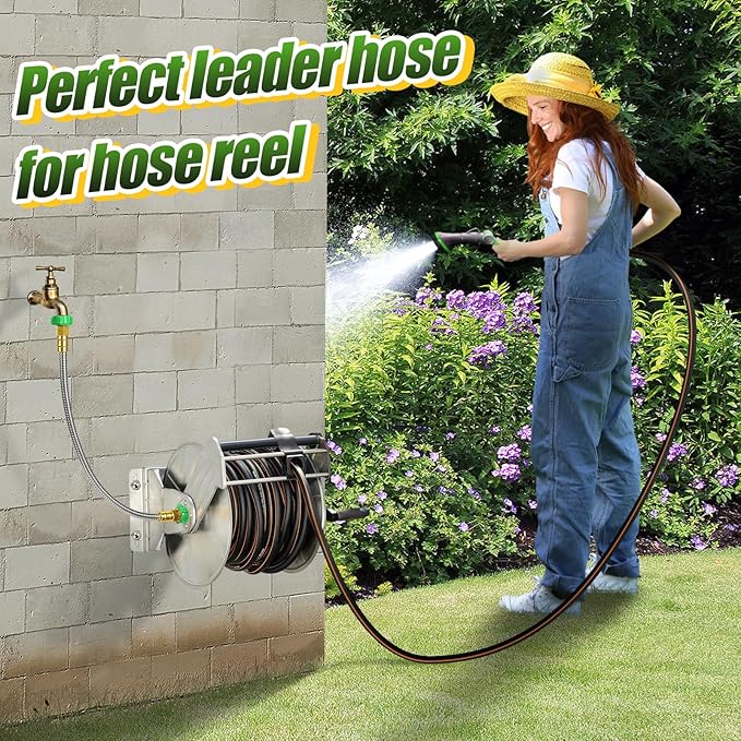 Short Garden Hose with Female to Female Connector - 2ft Metal Leakproof Leader Hose for Reel, Heavy Duty 304 Stainless Steel Flexible Water Pipe for Outdoor Garden Watering Car Pet Cleaning