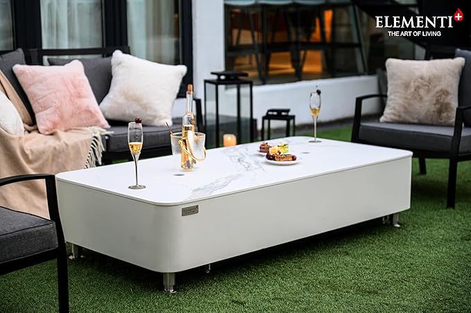 Elementi+ | Bundle Athens Gas Fire Pit | Concrete Body & Marble Porcelain Top | 62" Rectangular Fire Table | Electronic Ignition | Canvas Cover, Fire Glass, Burner Lid & More | White | Natural Gas