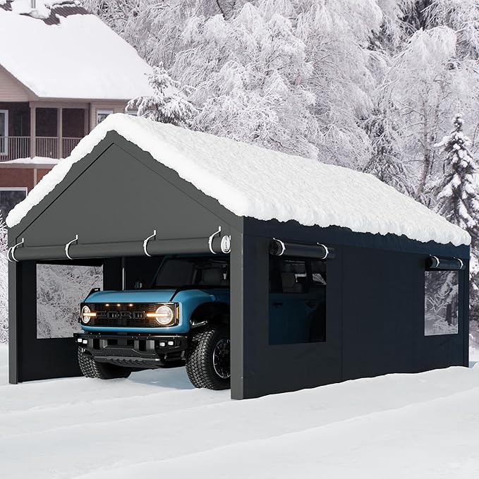 Nuturelly 10x20 FT Carport, Heavy Duty Carport Canopy with Roll-up Windows, Portable Garage with Removable Sidewalls & Doors, Car Canopy with All-Season PE Tarp for Car, Truck, Boat(Gray)