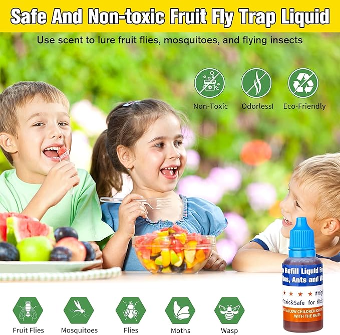 Fruit Fly Trap Refill Liquid Only, 0.68oz/ Bottle, Safe Bait, Ready-to-Use Gnats Killer Indoor Trap, Effective Lure Refill Gnat Catcher for Home Kitchen (4 Pack)