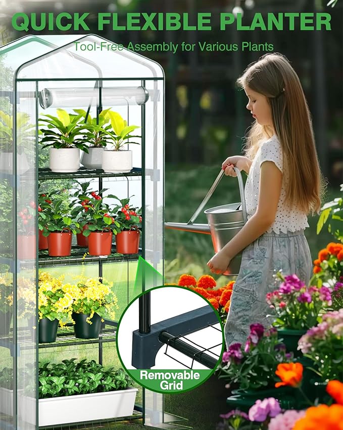PYY Mini Indoor Greenhouse with Grow Light - Small Portable Outdoor Plant Green House Cabinet with Wheels, Thermometer, PVC Tent Cover, 4 Dimmable 3 Color 2FT 36W LED Kit, 4 Tier Gardening Shelves