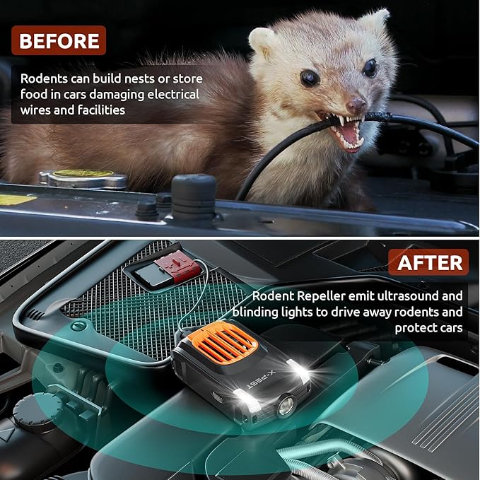 Rodent Repeller for Car Engines, 4 Pack Pest Repellent Ultrasonic for Under Hood with Light Strobe, Truck Engine Rodent Defense Vehicle Protection Mouse Repellent for Rats, Mice, Squirrels, Cats