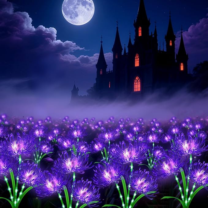 Halloween Solar Lights Outdoor – Purple Spider Lily Flowers,8 Pack 24-Head with Glowing Stems,Waterproof Solar Powered Garden Decor for Yard,Patio,Lawn,Spooky Halloween Decorations & Gifts