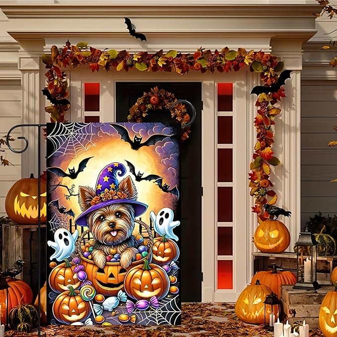 Halloween Garden Flag Double Sided 12x18 Flag Dog Ghosts Pumpkins Halloween Flag Yorkie Dog Witch Hat With Pumpkins Ghosts Bats Outdoor Halloween Decoration And Yard Lawn Banner
