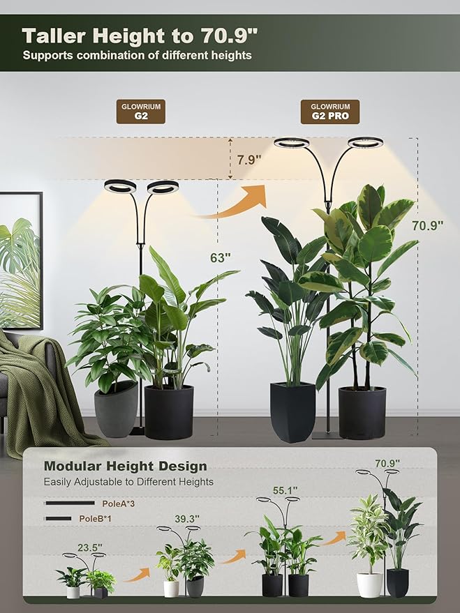 GLOWRIUM 48W LED Dual-Head Grow Light for Indoor Plants, 23.5-71" Adjustable Height, 3-Growing Full Spectrum for Tall Plant Light, 3/9/12/16H Timer, 6-Level Dimming, Ideal for Large Tall Plants