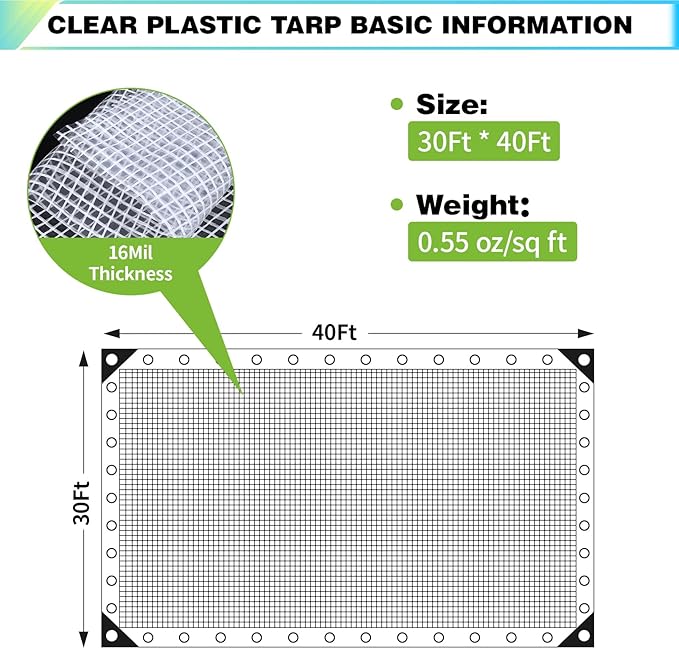 30Ft x40Ft Clear Greenhouse Plastic Covering, 16Mil Thickness Heavy Duty Clear tarp for Chicken coop, Greenhouse Plastic sheeting with Hemmed Edges & preinstalled Grommets.