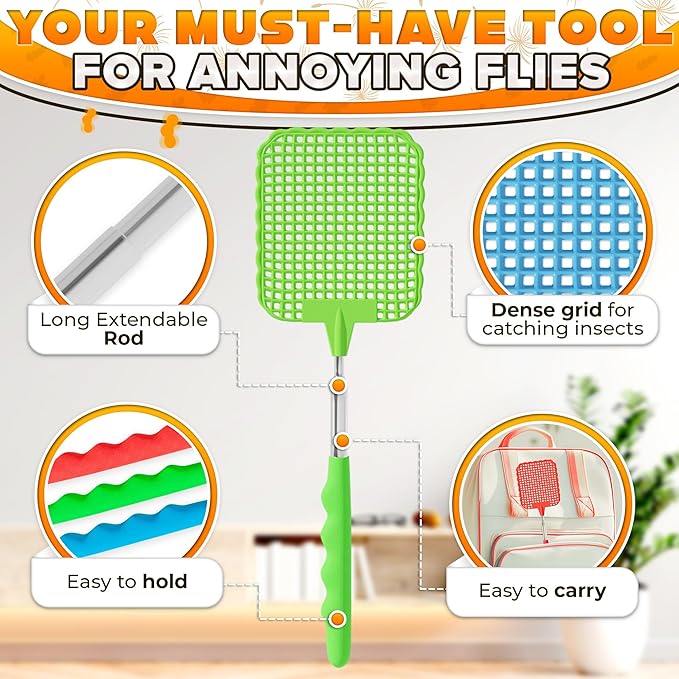 3-Pack Telescopic Fly Swatter Set – Durable and Lightweight Extendable Fly Swatter for Indoors and Outdoors, 3.1 x 3.9 Flexible Head, Non-Slip Ergonomic Rubber Handle, Compact Design for Easy Storage
