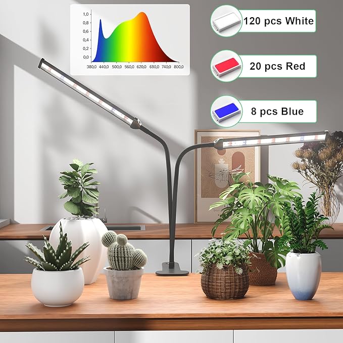 GooingTop Grow Light LED Gooseneck Lamp,Dual-Head White Full Spectrum 148 LED Plant Lamp with Red Blue Light Clip-on Desk for Indoor Plants Growing,Diming & Auto Timer