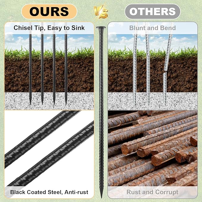 MIVIDE 12 Pack 16 Inch Black Rebar Stakes, 1/2 Inch Diameter, Galvanized Steel Ground Anchors, Heavy Duty Metal Rebar Stakes for Speed Bumps, Garden Plants, Wheel, Wood, Tent