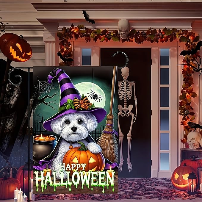 Happy Halloween Garden Flag Double Sided 12x18 Flag Dog Pumpkin Halloween Flag Cute Schnauzer Puppy Pumpkin Spider Design Outdoor Decoration Holiday Display Lawn Yard Banner