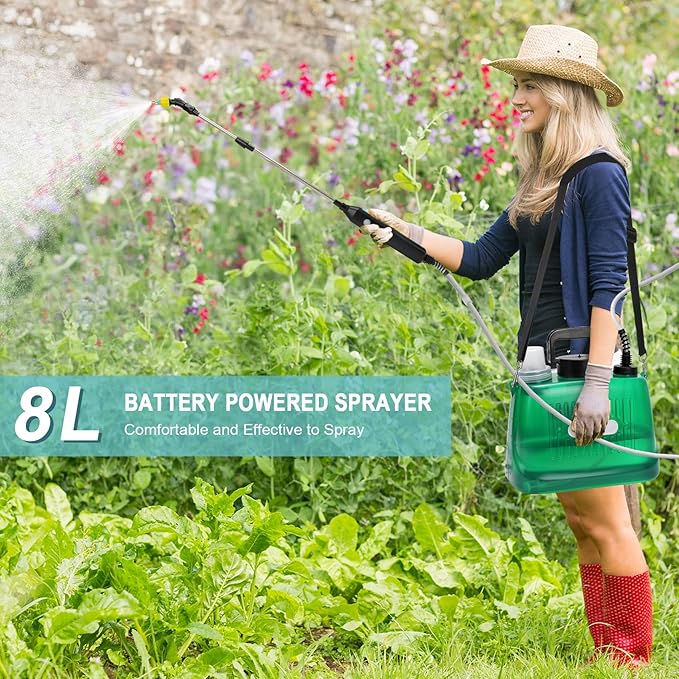 Battery Powered Garden Sprayer 2 Gallon, Upgrade Powerful Electric Sprayers with 3 Mist Nozzles, Retractable Wand, Garden Sprayers with Adjustable Shoulder Strap for Lawn,Cleaning