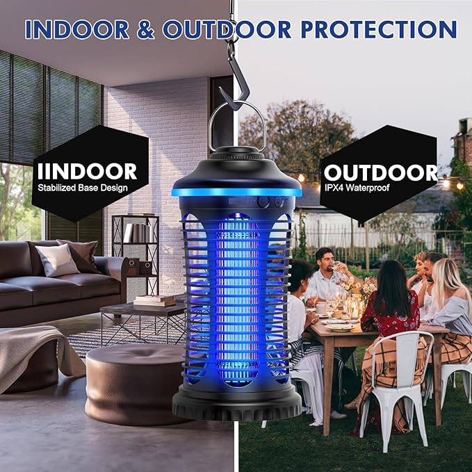 Rechargeable Bug Zapper Outdoor & Indoor, Mosquito Zapper, Fruit Fly Trap, Gnat Moths Catcher, 4200V Grid, USB Charging, 4000mAh Battery, Fit for Home, Kitchen, Backyard, Camping, Patio, Black