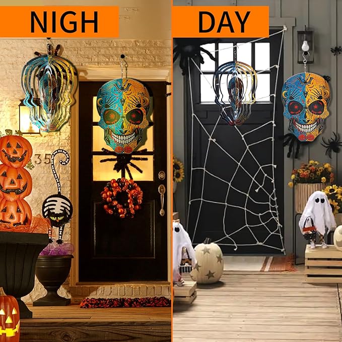 12 inch Halloween Decoration Skull Wind Spinner - 3D Metal Garden Spinner, Mandala Kinetic Art Outdoor Decor -Handcrafted Hanging Ornament for Outdoor,Patio, Yard，Garden