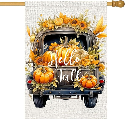 Hello Fall Pumpkin Truck House Flag 28x40 Double Sided, Autumn Thanksgiving Large Garden Flags for Outside, Holiday Seasonal Yard Flag Outdoor Decorations for Home
