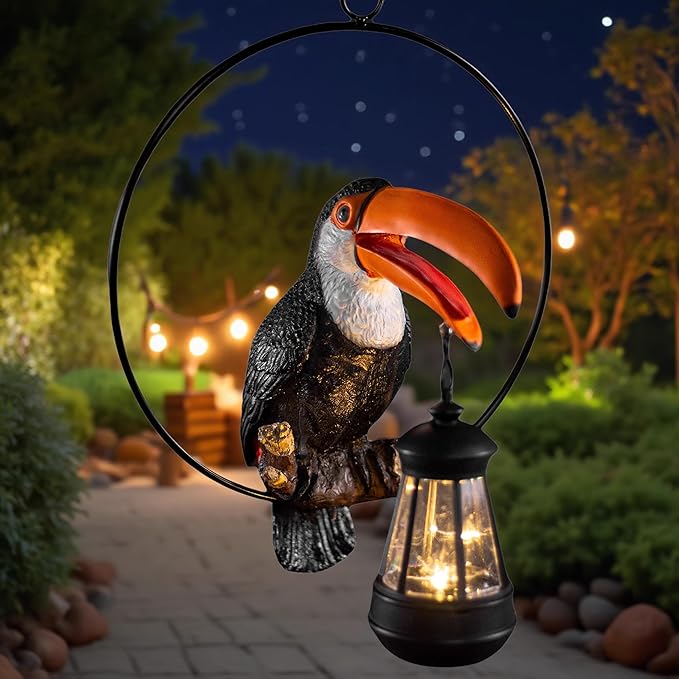 Solar Toucan Tree Hug Tree Decoration Hanging Garden Statue 12.5-inch Resin Tropical Animal Lawn Exotic Bird Sculpture for Lawn, Porch, Patio,Outdoors Decoration