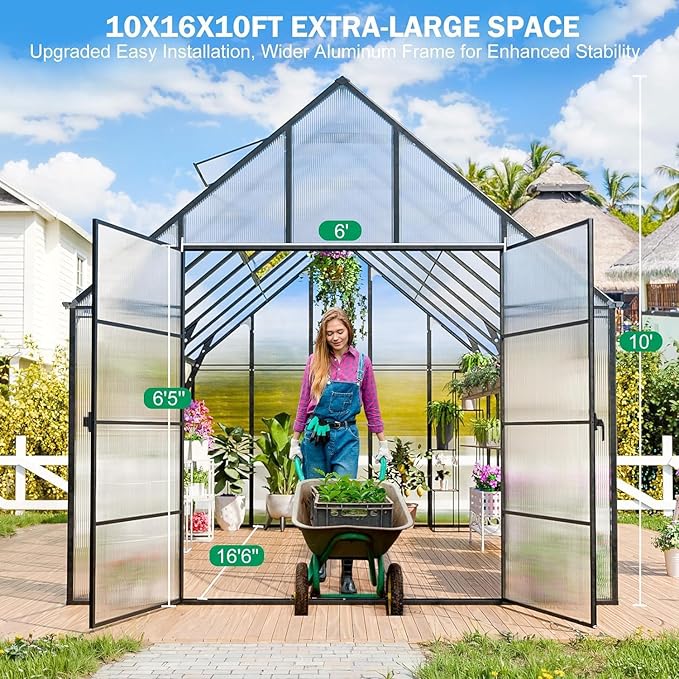 Greenhouse, 10x16 FT Easy Assembly Hybrid Polycarbonate Greenhouses for Outdoors w/3 Vent Windows & Swing Door Walk-in Green Houses Aluminum GreenHouses for Garden, Black